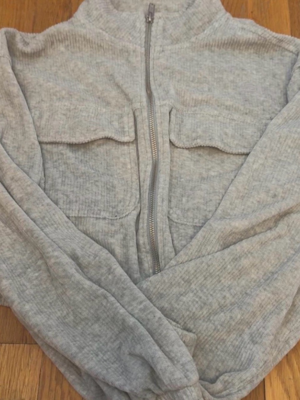 aerie Light Gray Ribbed Zip-Up Cropped Jacket